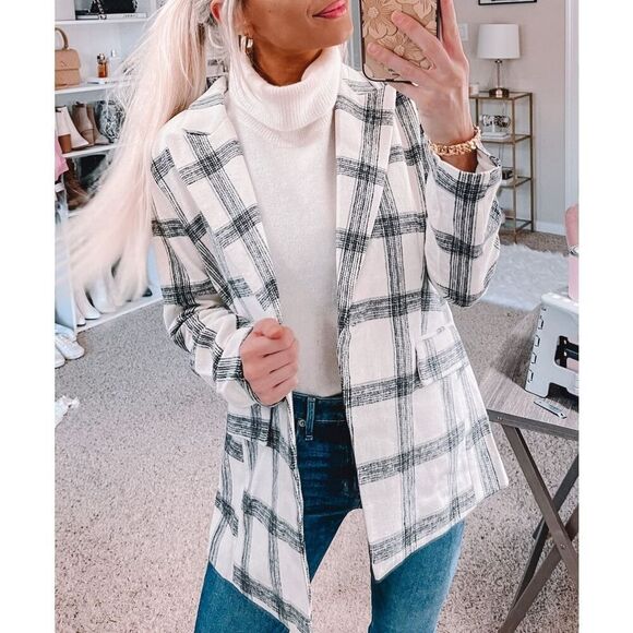 BOHME button front plaid soft collared blazer jacket with pockets sz S women’s p - Picture 3 of 7